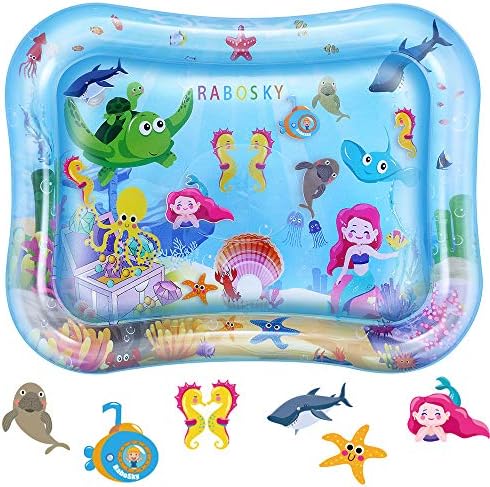 Rabosky Tummy Time Water Play Mat, 27.5" x 21.5" Largest Size Inflatable Infant Playmat Toys-H, CPSC Certified, for 3 4 6 7 9 to 12 Months Baby Boy or Girl, Include 7 Floating Toys