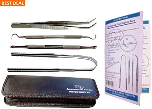 Essential and Stylish Pro Oral Hygiene Kit for Home Use - Calculus &amp; Plaque Remover Set - Tartar Scraper - Scaler Instrument, Tongue Cleaner, Dental Tweezers, Instructions - Used by Dentists