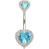 Excepro 14G(1.6mm) Double Heart Cubic Zirconia Navel Belly Button Ring 316L Stainless Steel Bar Piercing Jewelry