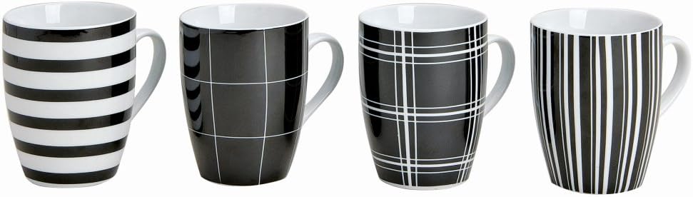 Wurm KG Set of 4 Modern Porcelain Coffee Mugs, 10 cm High, Diameter 8 cm, 300 ml, Large Coffee Cups in Black/White Striped and Checked