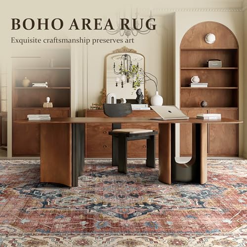 Area Rugs 9x12 Living Room Rug Boho Area Rug Deerly Washable Rugs 9x12 Vintage Diamond Indoor Large Bedroom Rug with Non Slip Rubber Backing for Under Dining Table Office Bedroom, Brickred