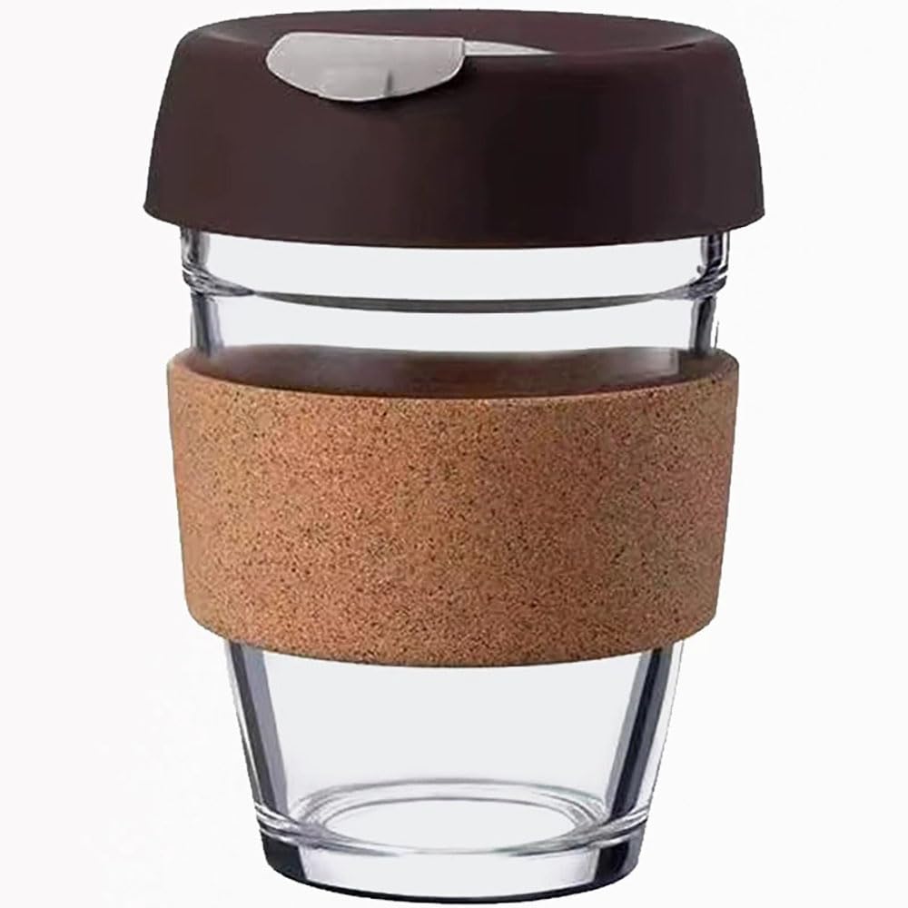 Hosoncovy 350ML Reusable Glass Coffee Cup with Cork Sleeve Heat Resistant Cork Band Travel Coffee Mug with Lid 12 OZ Coffee Cup (Brown)