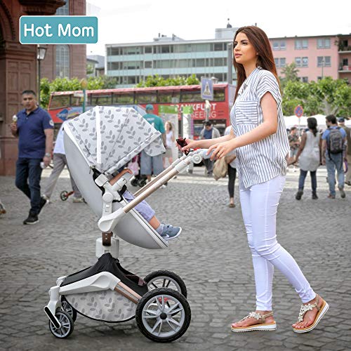 Baby Stroller 360 Rotation Function,Hot Mom Pushchair Pram,New Style 2020,Grey Leaves - Thumbnail 6