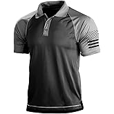 HARGLESMAN Men Short Sleeve Raglan Sports Fan Polo Shirts American Flag Breathable Lightweight Quick Dry Performance Athletic T-Shirt Summer Casual Outdoor Tees Tops Black&Grey M