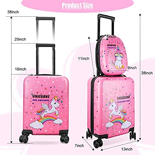 Weewooday Kids Luggage and Backpack 18 Suitcase with Spinner Wheel Hard Case Travel 13 Backpack Girl Suitcase Set for Kids Travel Supplies(Pink,Unicorn Style)