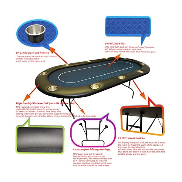 84″ Full Size 10 Player Poker Table 10 Large Cup Holders Midnight Blue