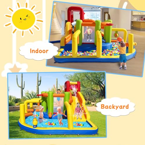 Umbalir Inflatable Obstacle Bounce House, Kids Bounce House Water Park with Water Slides, Surprise Dump Bucket, Obstacles,Jumping, Tunnels, Climbing,Water Cannon, and Ball Shooting Frame