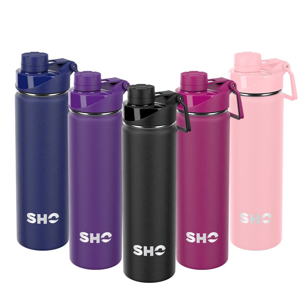 SHO Stainless Steel Sports Water Bottle - Leak Proof, BPA Free, No Sweat, Vacuum Insulated Double Walled Metal Flask - 12 Hours Hot 24 Hours Cold (660ml Jet Black)