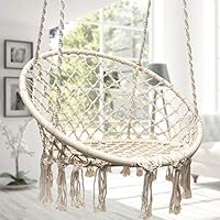 YYfamily Macrame Round Hammock Chair Handmade Cotton Rope Handmade Hanging Swing with Fringe Tassels for Indoor Outdoor Garden Patio Decor