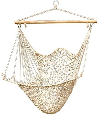 Leadzm Hanging Rope Hammock Chair, Large Brazilian Hammock Net Chair Porch Chair Swing Seat for Indoor Outdoor Patio Lawn Garden Backyard - Max. 330 Lbs (Beige)