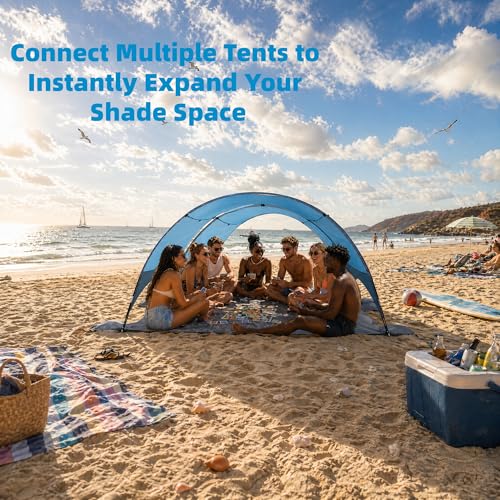 Beach Shelter with UV Protection UPF 50+ - Portable Beach Canopy & Sun Protection for Beach, 360° Ventilation, 4 Sandbags, Double Pockets, Pegs & Ropes (270 x 165 x 158 cm)