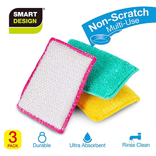 Smart Design SmartCloth Scrub Sponge w/Antimicrobial Odorless Fibers - Ultra Absorbent - Soft & Scrubber Side - Cleaning, Dishes, Hard Stains - Kitchen (Non-Scratch 3 Pack) [Yellow, Green, Pink] - Thumbnail 7