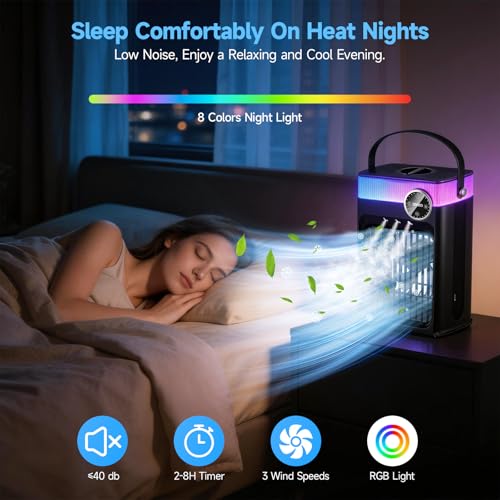 Portable Air Conditioners, Upgraded 4 in 1 Evaporative Air Cooler with 1200ML Tank, Queit Cooling Fan with Remote Control, 2-8H Timer, 3 Modes & 8 Lights, Personal AC Unit for Bedroom and Camping