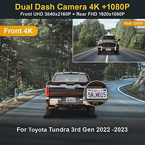 Fitcamx 4K Dual Dash Cam Suitable for 2022-2026 Toyota Tundra & Sequoia 2023-2026 Limited SR SR5 TRD Pro Platinum (Gen3), OEM Look, Front 2160P and Rear 1080P HD Video WiFi, Loop Recording, 128GB Card