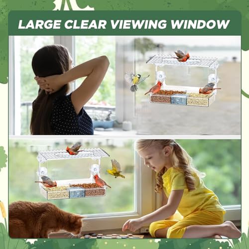 SUSOO Window Bird Feeder for Outdoors with 3 Large Capacity Detachable Seed & Water Tray, Acrylic Clear Bird Feeder with Suction Cups for Watching Wild Birds, Hummingbirds, Finches in Garden, Yard