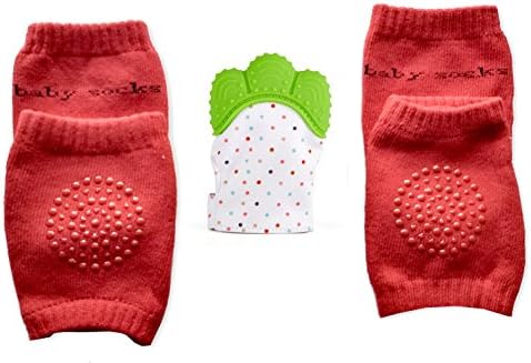 Baby Teething Mitten Teething Glove (1 pc) Baby Knee Pads for Crawling (2 Pairs) Self Soothing Fun, Easily Washable, Ideal Baby Shower Gift (Mint Green and Red)
