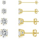 Miss Glorael 4 Pairs 14K Gold-Plated Round Cubic Zirconia Stud Earrings, 2mm /4mm / 5mm / 6mm Size, S925 Silver Ear Needle, Low Allergenic, Suitable for Both Men and Women