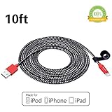 Kinps Apple MFi Certified Lightning to USB Cable 10ft/3m iPhone Charger Cord Super Long for iPhone X / 8 / 8 Plus / 7 / 7 Plus / 6S / 6S Plus / 6 / 6 Plus / SE, iPad Pro /Air/Mini(Nylon Black and Red)