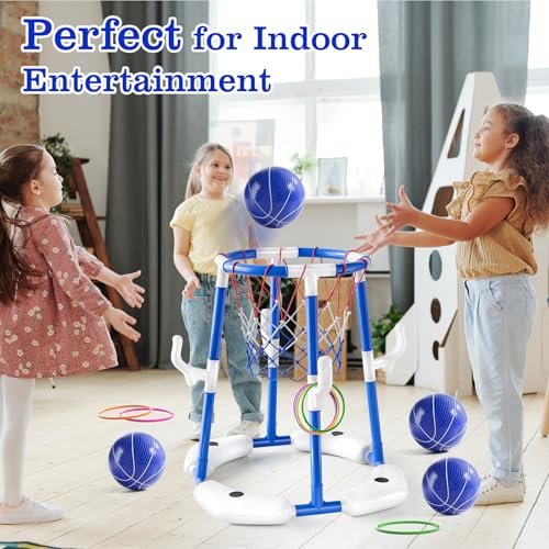 Pool Basketball Hoop,2-in-1 Floating Basketball Pool Games with 4 Balls/12 Rings/Pump,Swimmming Pool Toys for Kids Adults Age 3-12,Summer Family Party Indoor Outdoor Water Play Toys,Blue