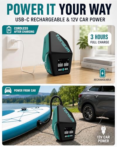 Tonsim Electric Paddle Board Pump Rechargeable 20 PSI, 15600mAh Cordless SUP Pump with 4 Modes, Dual-Stage Inflation & Deflation, Auto-Off, 12V DC Car Connector, LED Light, Black