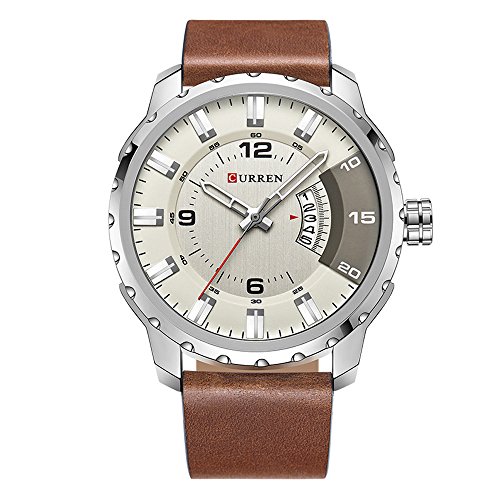 CURREN Men s Watch Multi-functional chronograph Fashion Business Complete Calendar 30 Meter Waterproof Brown Leather Strap Casual Leather Wrist Band watch 8245 (silver white)