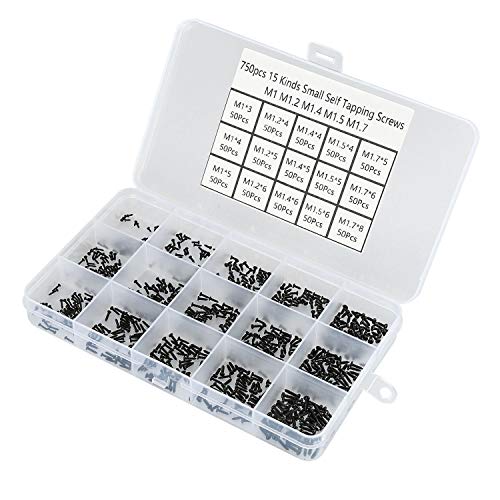 HanTof 750pcs 15 Kinds M1 M1.2 M1.4 M1.5 M1.7 Phillips Rounded Head Small Self Tapping Screws,Micro Screws,Tiny Screws Assortment Kit-(Black)