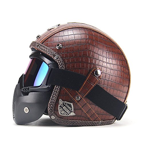 AUTOPDR Motorcycle Helmets 3/6 Open Chopper Bike Helmet PU Leather Open Face Vintage Motorcycle Helmet with Goggle Mask …