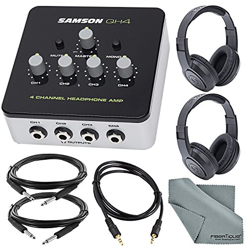 Samson QH4 4-Channel Headphone Amplifier Bundle with 2 Samson Stereo Headphones + Cables + Fibertique Cleaning Cloth