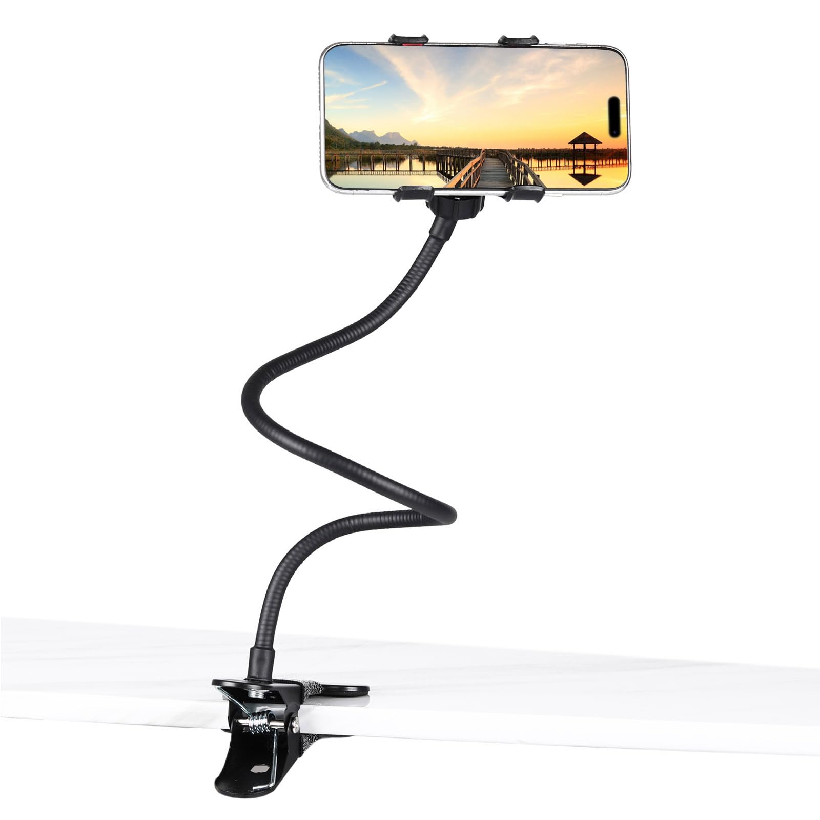 Kuryai Gooseneck Phone Holder for Bed, [Upgrade Metal Stable] Flexible Gooseneck Long Arm Phone Mount for Desk with 360° Adjustable Clamp Clip Overhead Bedside Phone Stand, for All 4-7” Cellphone