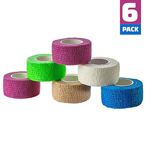 Self Adherent Cohesive Wrap Bandages - (Pack of 6 Rolls) 1 Inch X 5 Yards with Strong Elastic and Colorful First Aid Tape for Sprain Swelling and Soreness on Wrist and Ankle (Rainbow Color)