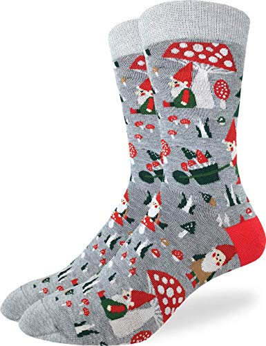 Good Luck Sock Men's Woodland Gnomes Socks - Grey, Adult Shoe Size 7-12