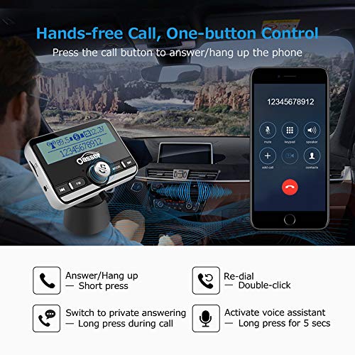 Oasser 2.4inch FM Transmitter for Car Bluetooth Audio Transmitters Receiver Aux Hands Free Calling Car Kit with MP3 Player QC3.0 Dual USB Ports Car Charger 5V/1A 2.4A TR3 - Thumbnail 2