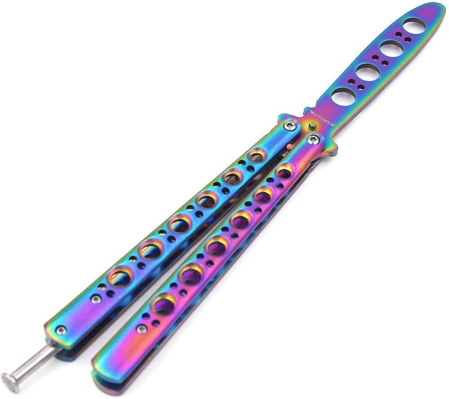 MCH Butterfly Knife Trainer and Comb Knife Training, Rainbow Metal Practice Balisong Steel Dull Knife With Sheath