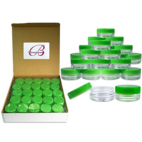 (Quantity: 50 Pieces) Beauticom 3G/3ML Round Clear Jars with GREEN Lids for Scrubs, Oils, Toner, Salves, Creams, Lotions, Makeup Samples, Lip Balms - BPA Free
