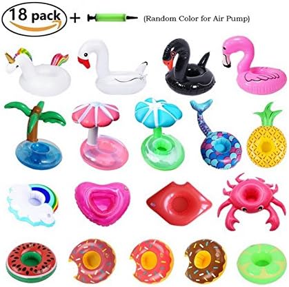 Seipe Inflatable Drink Holders Kids Bath Toys, 18 Packs Drink Floats Inflatable Cup Coasters for Pool Party(Mermaid,Swan,Crab,Pineapple,Heart,Mushroom,Red Lips,Donut)
