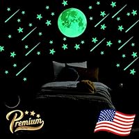 Big Bright Glowing Moon, 12 inch Full Moon + Bonus Set of Glow in The Dark Stars, Meteors || Premium Luminous Wall Sticker Decals for Kids Home Room Decorations