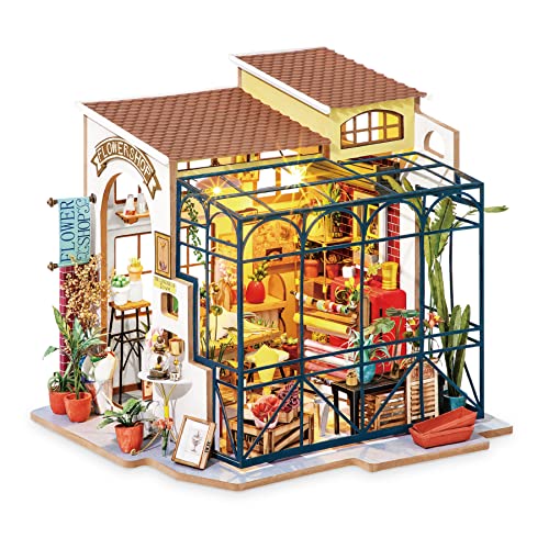 ROBOTIME DIY Dollhouse Kit Mini House with Furnitures Accessories 1:24 Scale Craft Kit - Emily's Flower Shop
