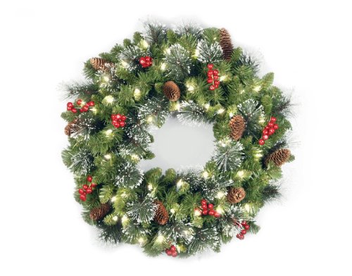 National Tree 24 Inch Crestwood Spruce Wreath with Silver Bristles, Cones, Red Berries, Glitter and 50 Clear Lights (CW7-306-24W)