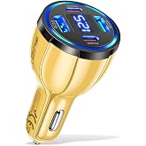USB C Car Charger Adapter with Voltmeter Compatible with iPhone, Android, Samsung, iPad Pro, PD30W &amp;QC3.0 Multi Port Fast Charging (Yellow)