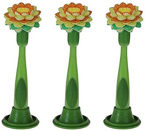Scrub Daisy 3-Piece Dish Wand Set with Daisy Head, Set includes: Daisy Head for Multi-purpose Scrubbing, Ergonomic Soap Dispensing Handle, Self-draining Storage Vase (Sets of 3)