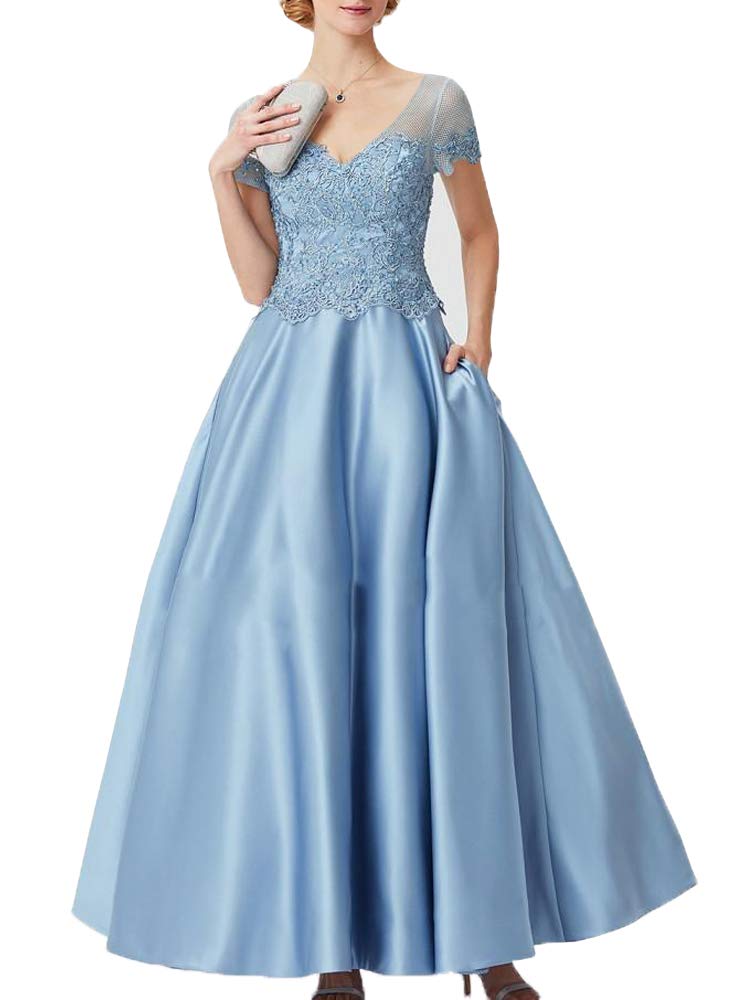 JINGDRESS V Neck Lace Satin Mother of The Bride Dresses Appliques