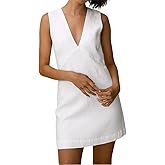 CHARTOU Women's Summer Sleeveless Mini Dress Cotton Linen V Neck Cinched A Line Slim Tank Short Dress