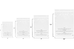 PolyPackers Combo Pack of 400 Self Seal Clear Poly Bags with Suffocation Warning 100 each of 6x9, 8x10, 9x12, 11x14 Permanent Adhesive For FBA, Packaging Clothes, Shirts and More(PP-400-COMBO-M)