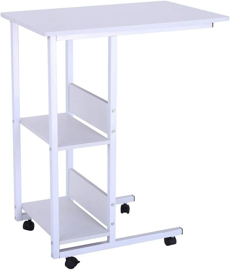 Snack Side Table, Mobile End Table Height Adjustable Bedside Table Laptop Rolling Cart C Shaped TV Tray with Storage Shelves for Sofa Couch
