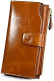 YALUXE Women's RFID Blocking Large Capacity Luxury Wax Genuine Leather Clutch Wallet Multi Card Organizer Brown Tan