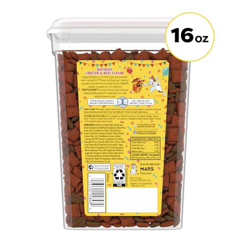TEMPTATIONS BIRTHDAY CRUNCHY AND SOFT CAT TREATS, LOBSTER AND BEEF FLAVOR, 16 OZ. TUB