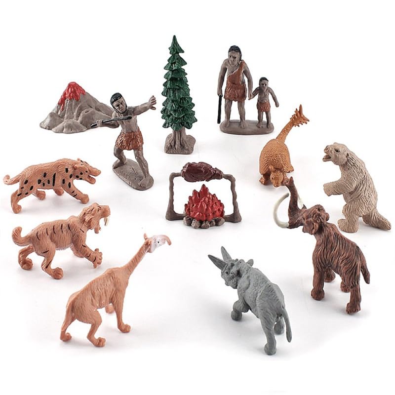 Bekecidi 12 Pieces Primitive Human Models and Realistic Wild Animals Figure, Caveman Figures Emulation Primitive Model for Kids and Adults Science Educational Play