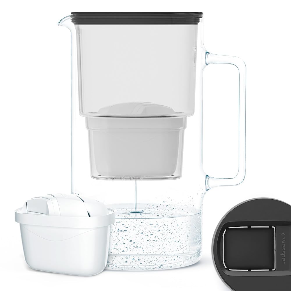 Wessper Glass Water Filter Jug + 1 Water Filter Cartridge | Replacement for Dafi Unimax Aquaphor A5 BRITA Maxtra+ Philips AWP212/10 Filter | 3 Litre | Black — image 1
