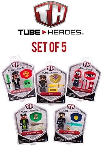 5 Tube Heroes Bundle - 5 Action Figures with Accessories - Captain Sparklez, Exploding TNT, Sky, Ant Venom, Caveman…