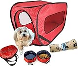Pop Up Pet Kennel Travel Set, Ideal Gift for Pet Owners. Complete Kit, Soft Collapsible Carrier, 2 Folding Food & Water Bowls, Pet Waste Bags, Blanket & Crate Training E-book. Small Pets Under 20 lbs.